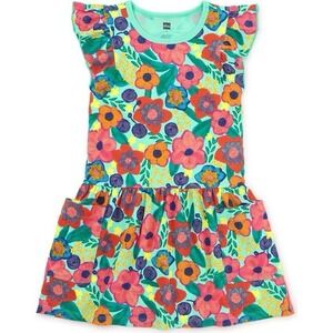 Tea Collection Flutter Sleeve Pocket Dress vibrant floral print Girls Size 3